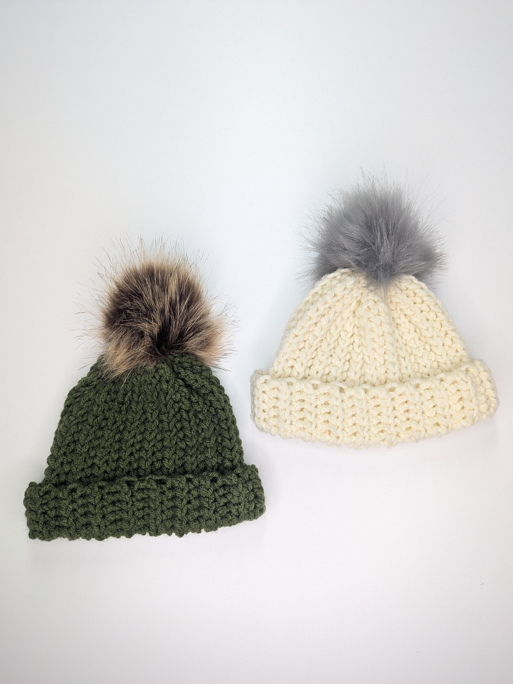 Chunky Knit Pom Beanie for Kids - Olive Green & Cream